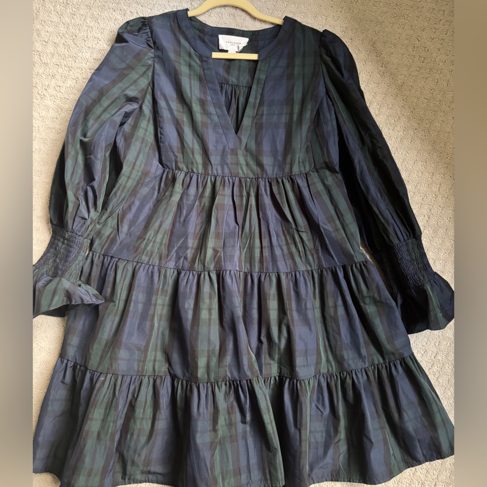 Pomander Place Navy and Green Plaid Tiered Long Sleeve Dress